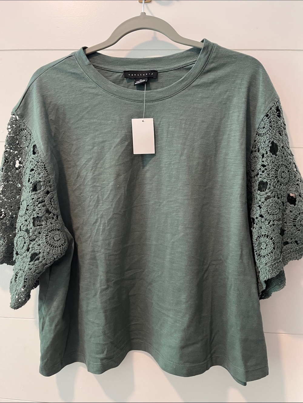 Sanctuary Sage Green Crochet-Sleeve Short Sleeve Tee